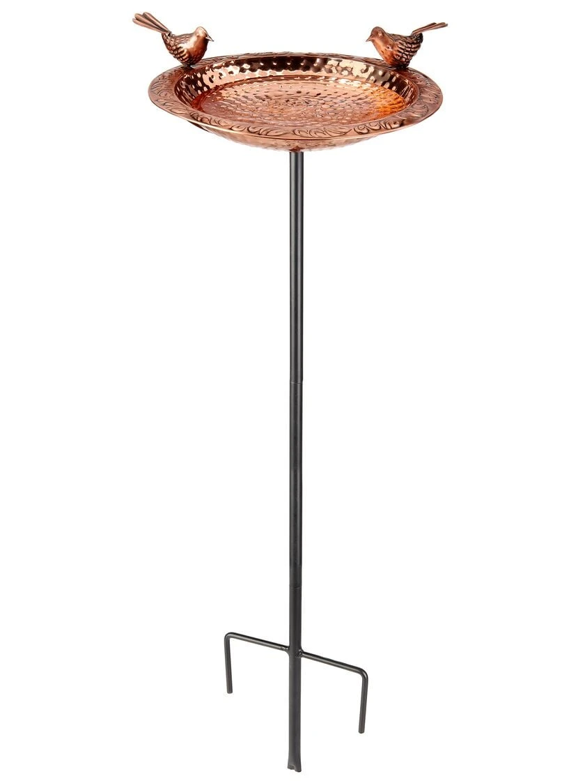 Pure Copper Bird Bath With Two Copper Birds And Multipronged Garden Pole - Image 5