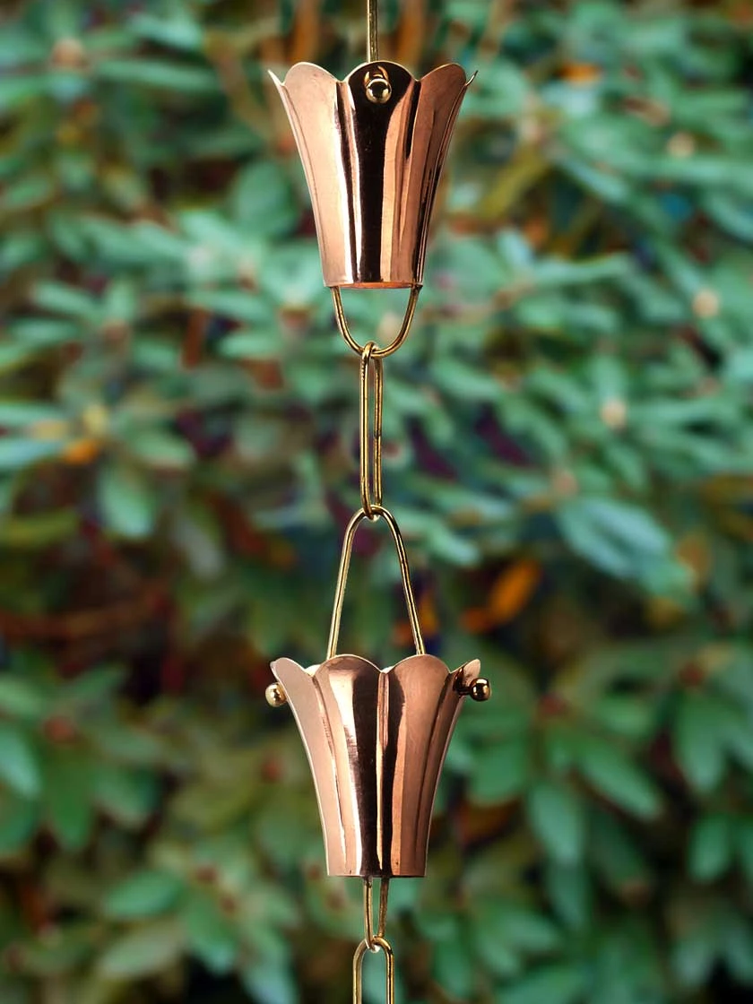 Fluted Flower Pure Copper Rain Chain, 8.5' - Image 2