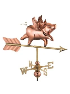 Flying Pig Cottage Copper Weathervane With Roof Mount