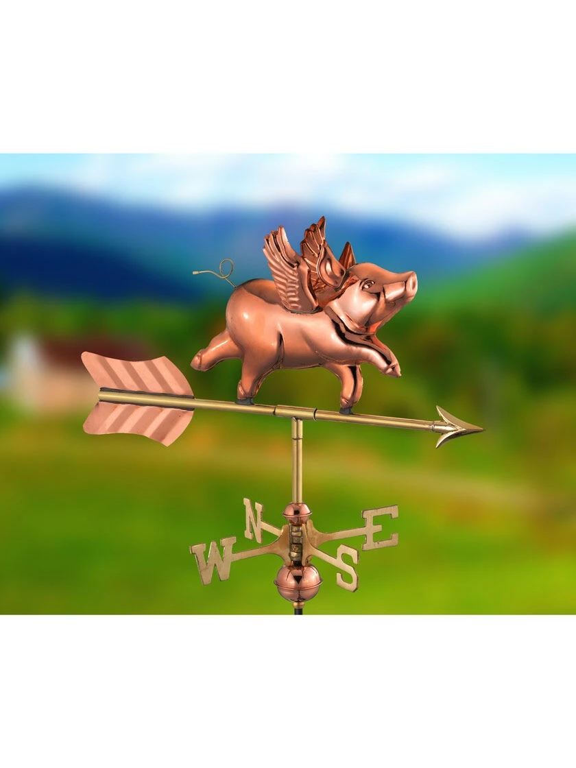 Flying Pig Cottage Copper Weathervane With Roof Mount - Image 2