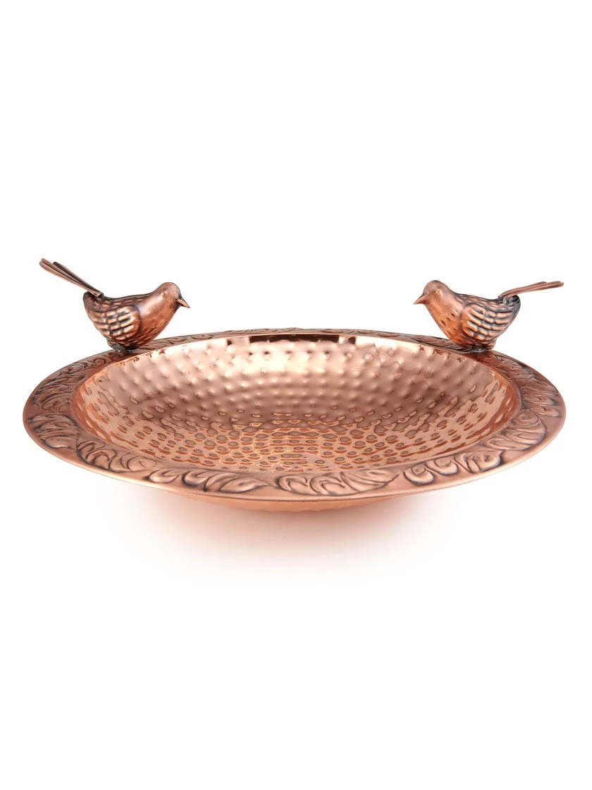 Pure Copper Bird Bath With Two Copper Birds And Multipronged Garden Pole - Image 3